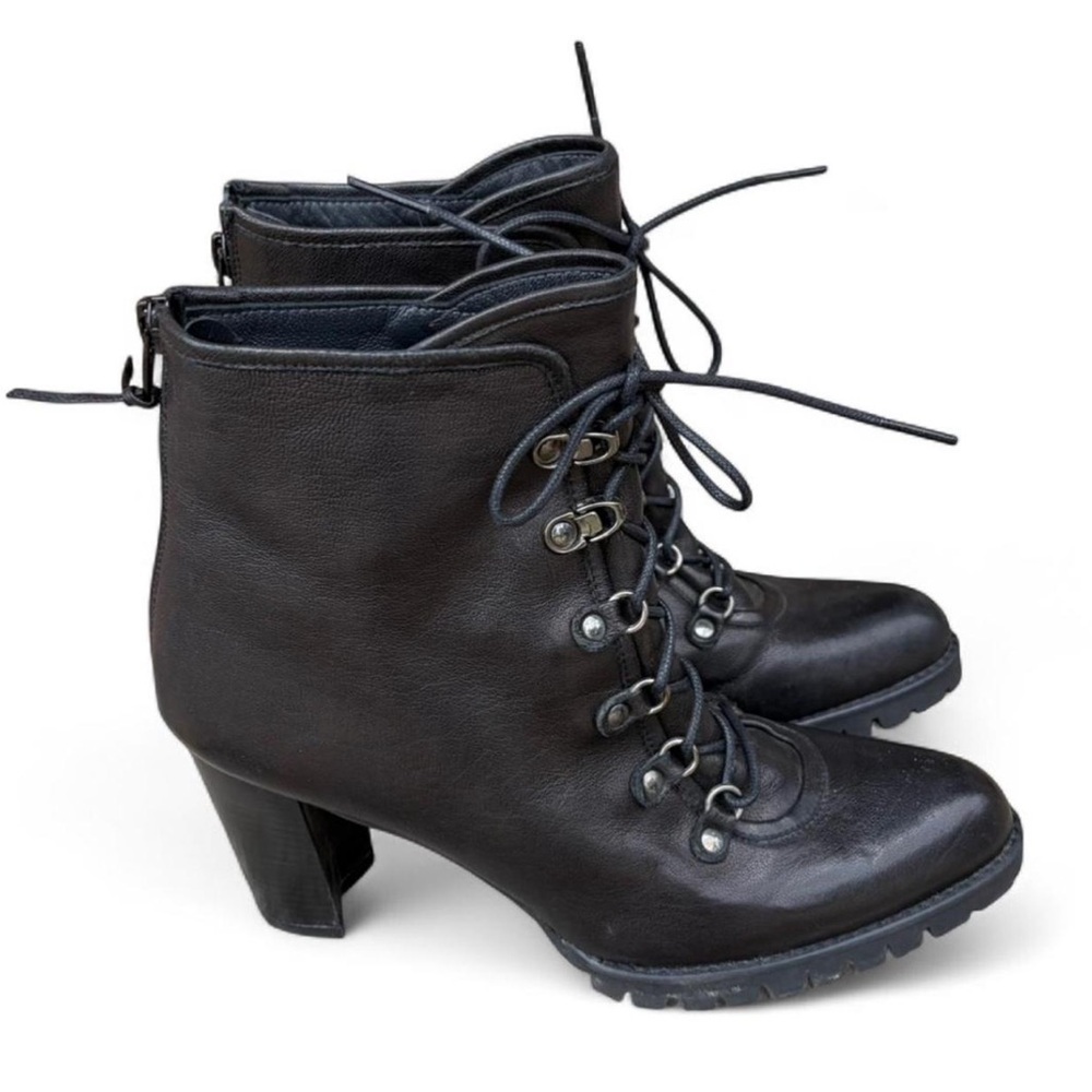 Stuart Weitzman Black Leather Heeled Lace Up Combat Ankle Boot Size 8 - Picture 2 of 8